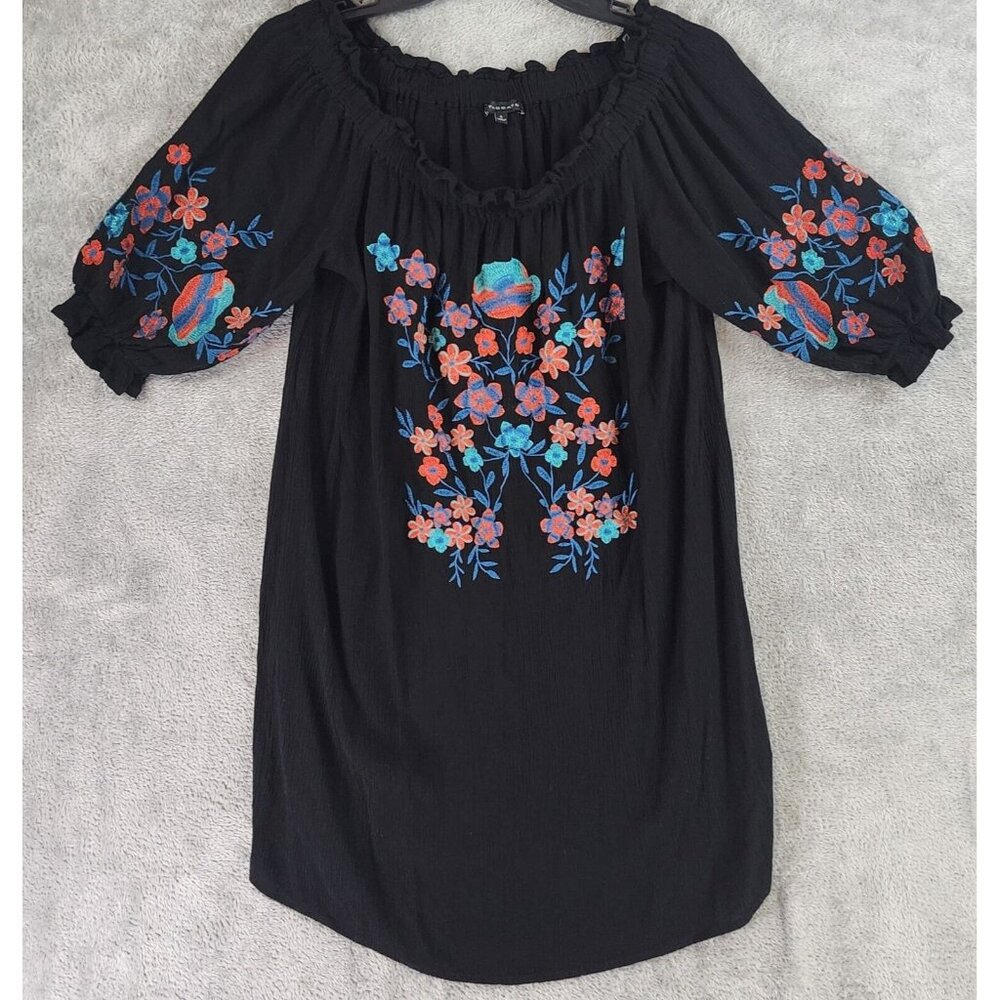 Staccato Shirt Womens Small Black Ruffled Floral Embroidered‎ Boho Tunic Blouse